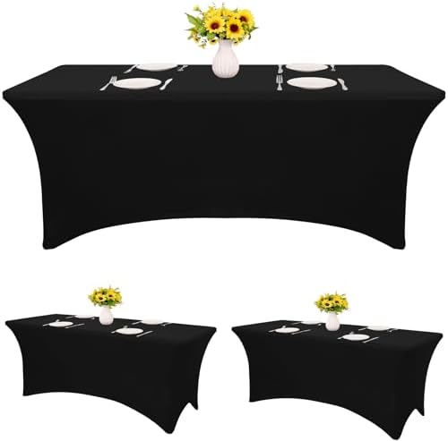 3 Pack Black Tablecloths 6ft Rectangle Spandex Stretch Fitted