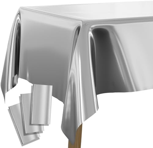PartyWoo 3 pcs Silver Foil Table Cover 54 x 108 Inch Waterproof Tablecloth for 6-8 Foot Tables