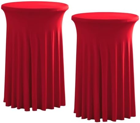 2 Pack 43x32 Inch Spandex Cocktail Tablecloths with Wavy Skirt Red Stretch Table Cover for Bar Wedding Party