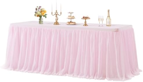 1 Pack Pink Table Cloth for Rectangle Tables 6FT Tulle Table Skirt Stretch Fitted Table Cover