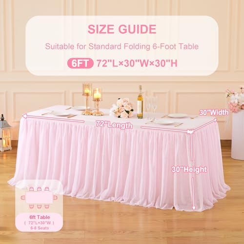 1 Pack Pink Table Cloth for Rectangle Tables 6FT Tulle Table Skirt Stretch Fitted Table Cover
