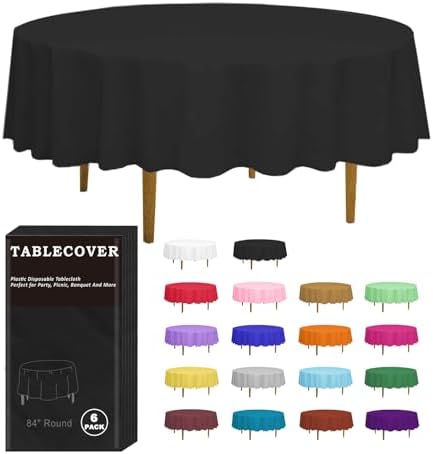 DZ 84 Inch Black Round Tablecloth 6 Pack Disposable