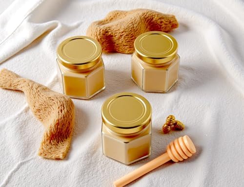 Adabocute Honey Pot 2oz Mini Glass Jars with Wood Dipper Gold Lid Bee Pendants Beige Gift Bags 15 Pack