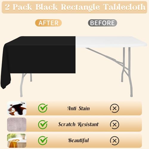 2 Pack Black Rectangle Tablecloths 70x108 Inch Washable Outdoor Use