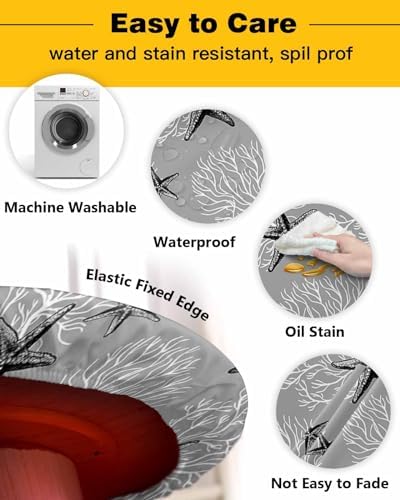 Gray Starfish Round Waterproof Table Cover Fitted Tablecloth