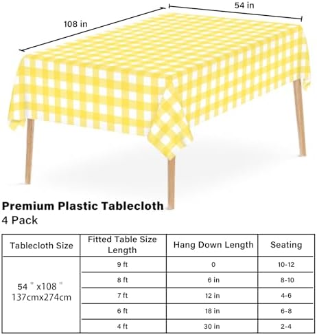 4 Pcs Yellow Checkered Tablecloth 54x108 Inches Rectangle Gingham Table Cover for Outdoor Picnic and Birthday Party