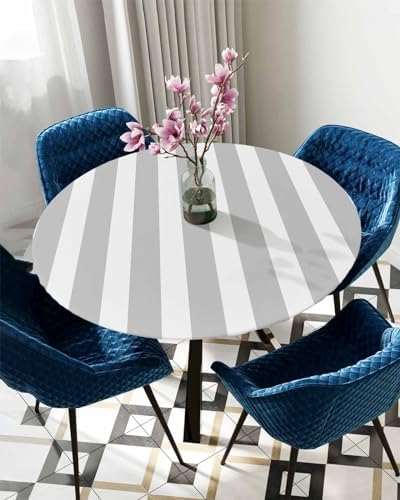 Gray Striped Round Waterproof Table Cover for Indoor Outdoor Use