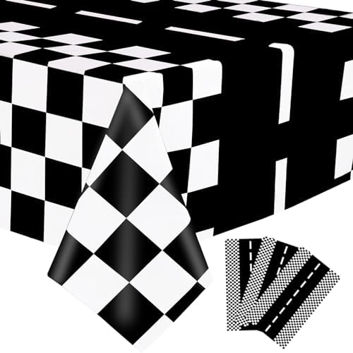 Kesfey 3 Pack Race Car Tablecloths 54x108 Inch Checkered Flag Party Decor
