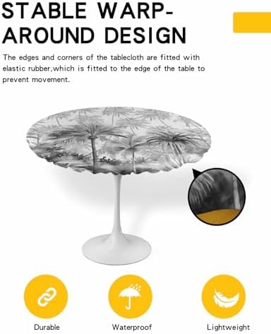 Grey Palm Tree Round Waterproof Table Cover Fitted Tablecloth