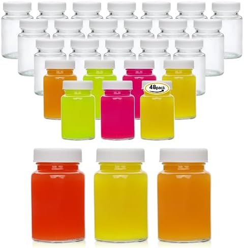 48 Pack 2 Oz Juice Shot Bottles with Caps Glass Mini Jars