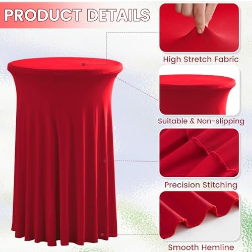 2 Pack 43x32 Inch Spandex Cocktail Tablecloths with Wavy Skirt Red Stretch Table Cover for Bar Wedding Party