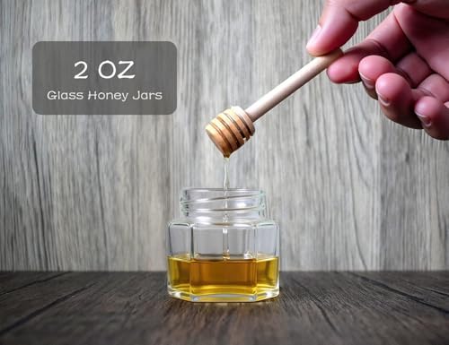 Adabocute Honey Pot 2oz Mini Glass Jars with Wood Dipper Gold Lid Bee Pendants Beige Gift Bags 15 Pack
