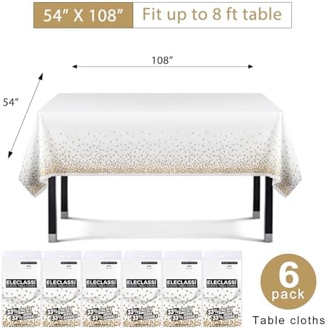 Eleclassi White and Gold Dot Tablecloths 6 Pack 54x108in