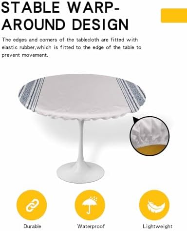 Boho Blue Round Waterproof Table Cover with Elastic