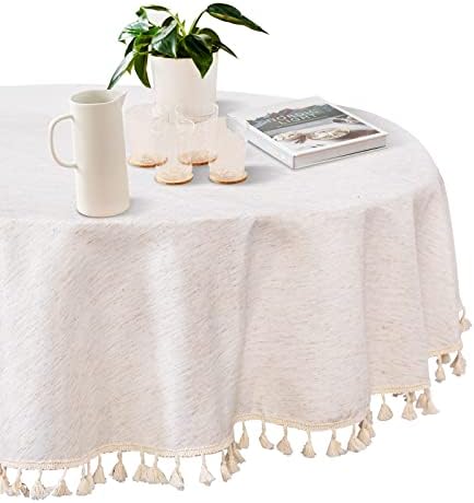 MYSKY HOME 60 in Round Cotton Tablecloth with Beige Tassels