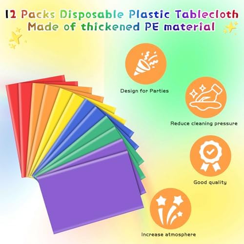 12Pcs Plastic Table Cloth Set Rainbow Neon Colors 54x72 Inch for Parties