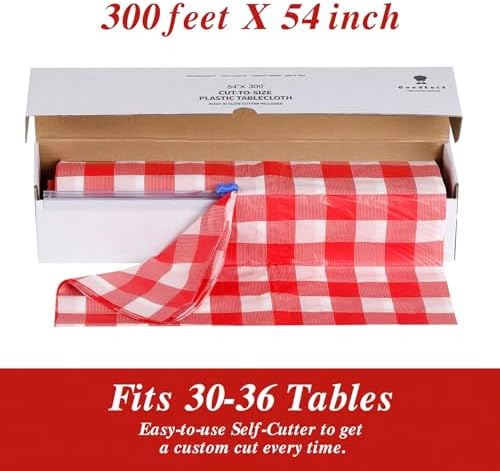 Goodluck 54 Inch x 300 Feet Red Checkered Table Cloth with Cutter Box