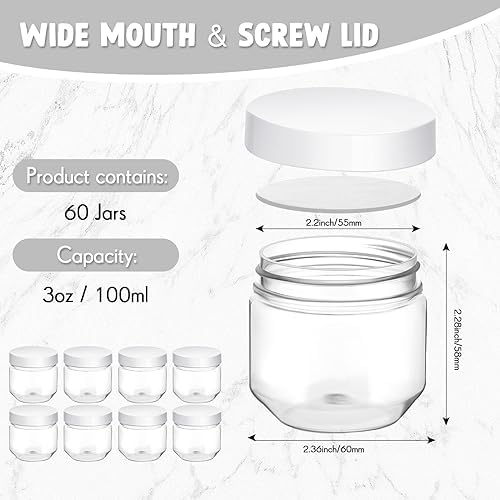 Tanlade 60 Pcs 3 Oz Clear Plastic Jars with Lids