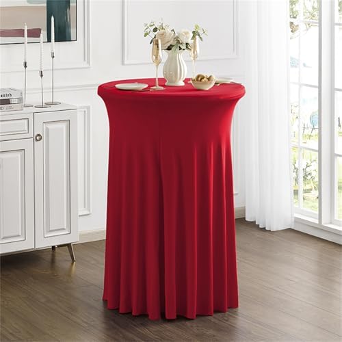2 Pack 43x32 Inch Spandex Cocktail Tablecloths with Wavy Skirt Red Stretch Table Cover for Bar Wedding Party