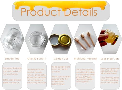 Adabocute Honey Pot 2oz Mini Glass Jars with Wood Dipper Gold Lid Bee Pendants Beige Gift Bags 15 Pack