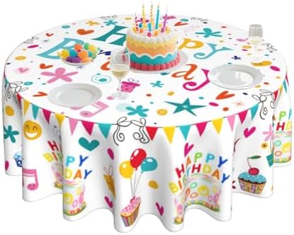 Happy Birthday Round Tablecloth 60 Inch Colorful Cake Balloons Cover