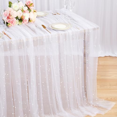 LuoluoHouse White Pearl Table Cloth 10ft Tulle Wedding Runner Decor