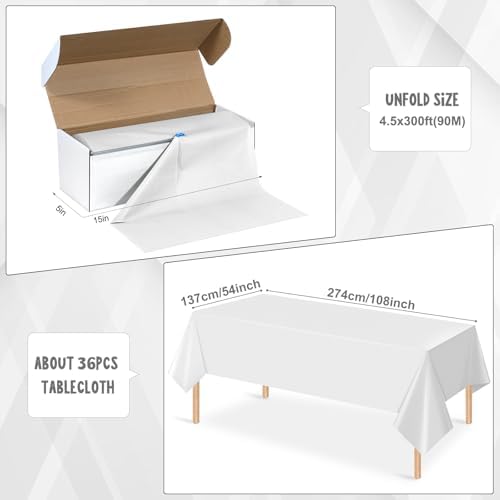 54 Inch x 300 Feet White Tablecloth Roll with Slide Cutter for Parties and Events