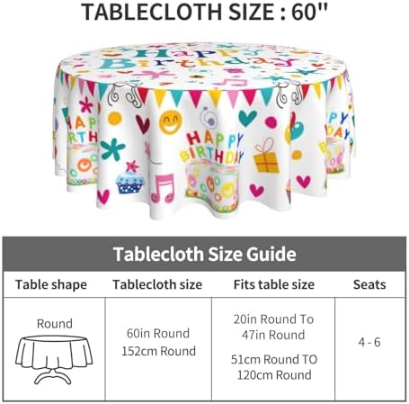 Happy Birthday Round Tablecloth 60 Inch Colorful Cake Balloons Cover