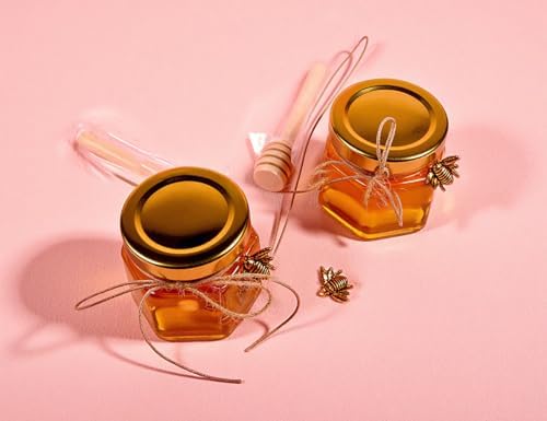 Adabocute Honey Pot 2oz Mini Glass Jars with Wood Dipper Gold Lid Bee Pendants Beige Gift Bags 15 Pack