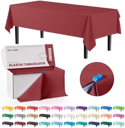 Exquisite Burgundy Plastic Tablecloth Roll 54x300 Cut To Size Box With Slide Cutter