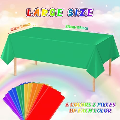 12 Pack Rainbow Color Tablecloths for Events