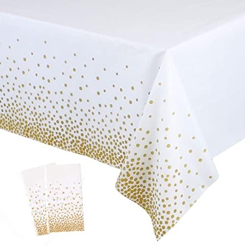 2 Pack White Gold Plastic Tablecloths for 54x108 Tables