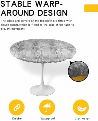 Greyish Tree Round Waterproof Table Cover Fitted Tablecloth