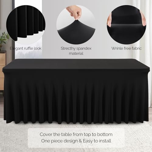 Wish Care 2 Pack Black Spandex Tablecloths - Fitted 6ft Rectangle for Events
