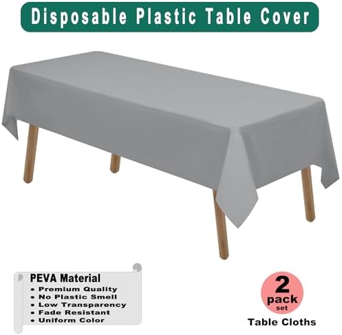 Silver Plastic Tablecloths 2 Pack Dark Gray Disposable Table Covers 54 x 108 Inch