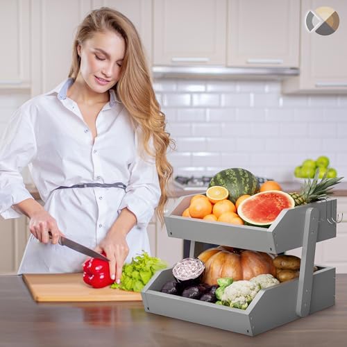 Hellojin Bamboo 2 Tier Fruit Basket Grey
