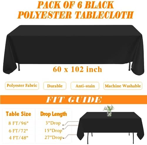 Wigenius 6 Pack Black Rectangle Tablecloths 60x102 Inch