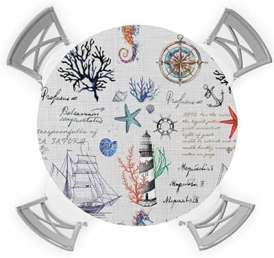 Nautical Compass Round Waterproof Table Cover with Elastic Fit