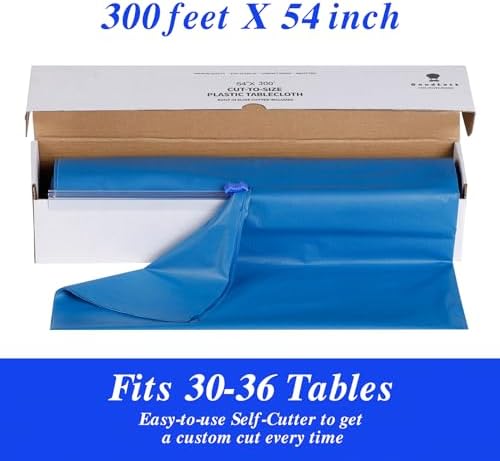 Goodluck 54 Inch X 300 Feet Plastic Tablecloth with Cutter Box Blue Disposable Table Cover Roll
