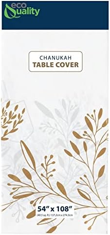 EcoQuality Hanukkah Tablecloth - White and Gold Rectangle Plastic 54 x 108 inch for Holiday Party Decorations