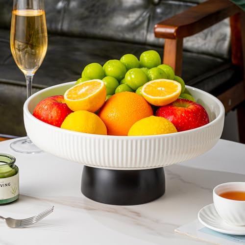 Ceramic Fruit Bowl 11-Inch White Tray with Black Base