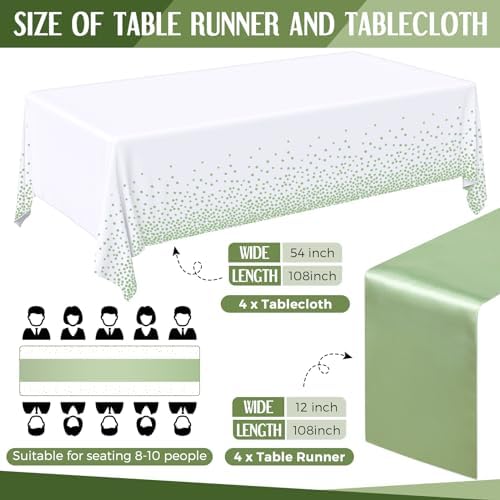 Breling 8 Pack White Sage Green Tablecloths and Table Runner Set