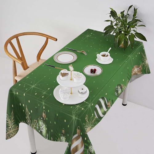Christmas Ball Rectangular Tablecloth with Green Baubles Snowflake Pattern