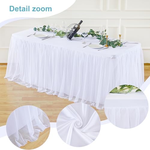 White Tulle Tablecloth with Skirt for 6 Foot Tables