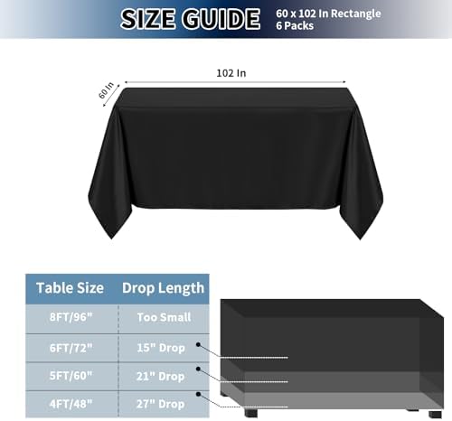 PureFit 6 Pack Black Rectangle Tablecloths 60x102 Inch for 6ft Tables