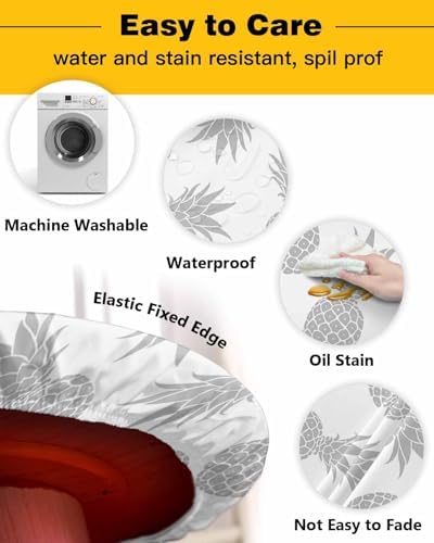 Silver Pineapple Waterproof Round Table Cover 36-44 Inch Elastic Tablecloth for Indoor Outdoor Use