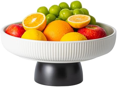 Ceramic Fruit Bowl 11-Inch White Tray with Black Base
