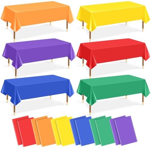 12Pcs Plastic Table Cloth Set Rainbow Neon Colors 54x72 Inch for Parties