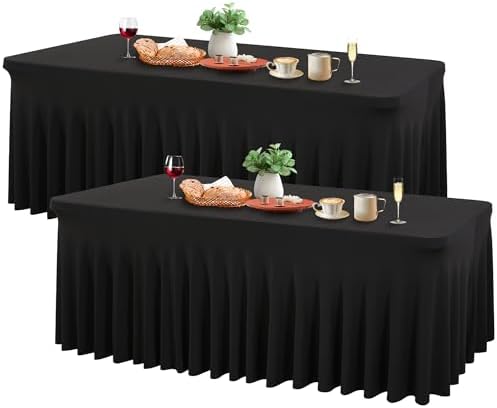 Wish Care 2 Pack Black Spandex Tablecloths - Fitted 6ft Rectangle for Events