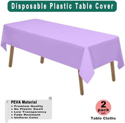 Lavender Plastic Tablecloths 2 Pack Lilac Disposable Covers 54x108 Inch